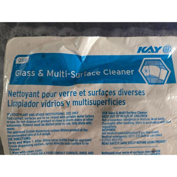 ECOLAB Kay QSR Glass & Multi-Surface Cleaner Refill Bag 2 Gallons-Unused - Picture 4 of 7